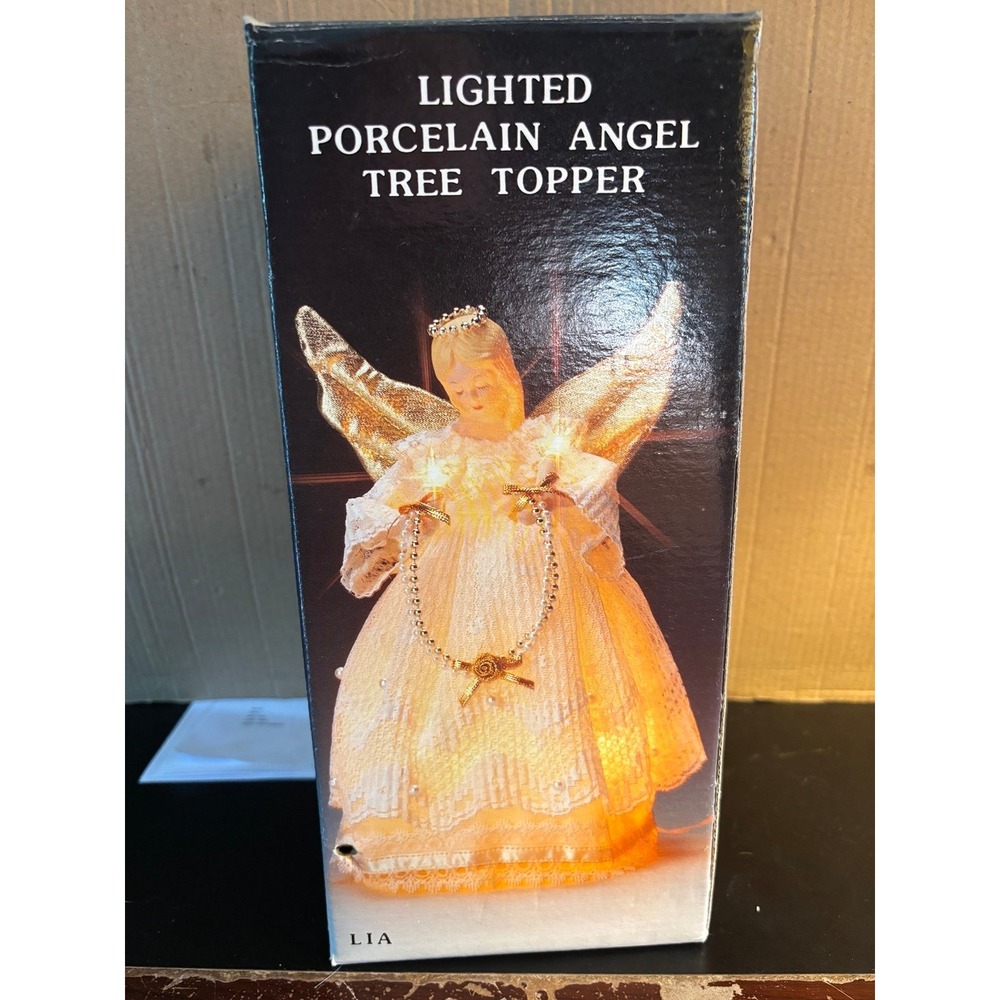 Angel Lighted Porcelain Tree Topper 10.5" Christmas - White & Gold w/Box Vintage